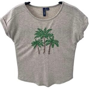 Casey Key Women’s Sequin Palm Tree T-Shirt Top Beige Size S Tropical Beach